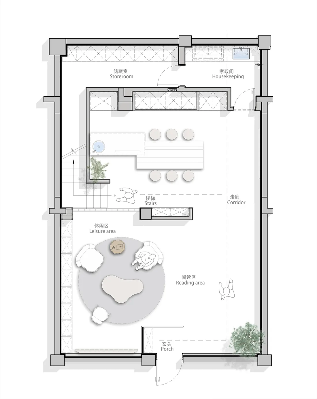 Floor plan of a modern living space with a neutral color palette, featuring a reading area, leisure area, and a kitchenette.
