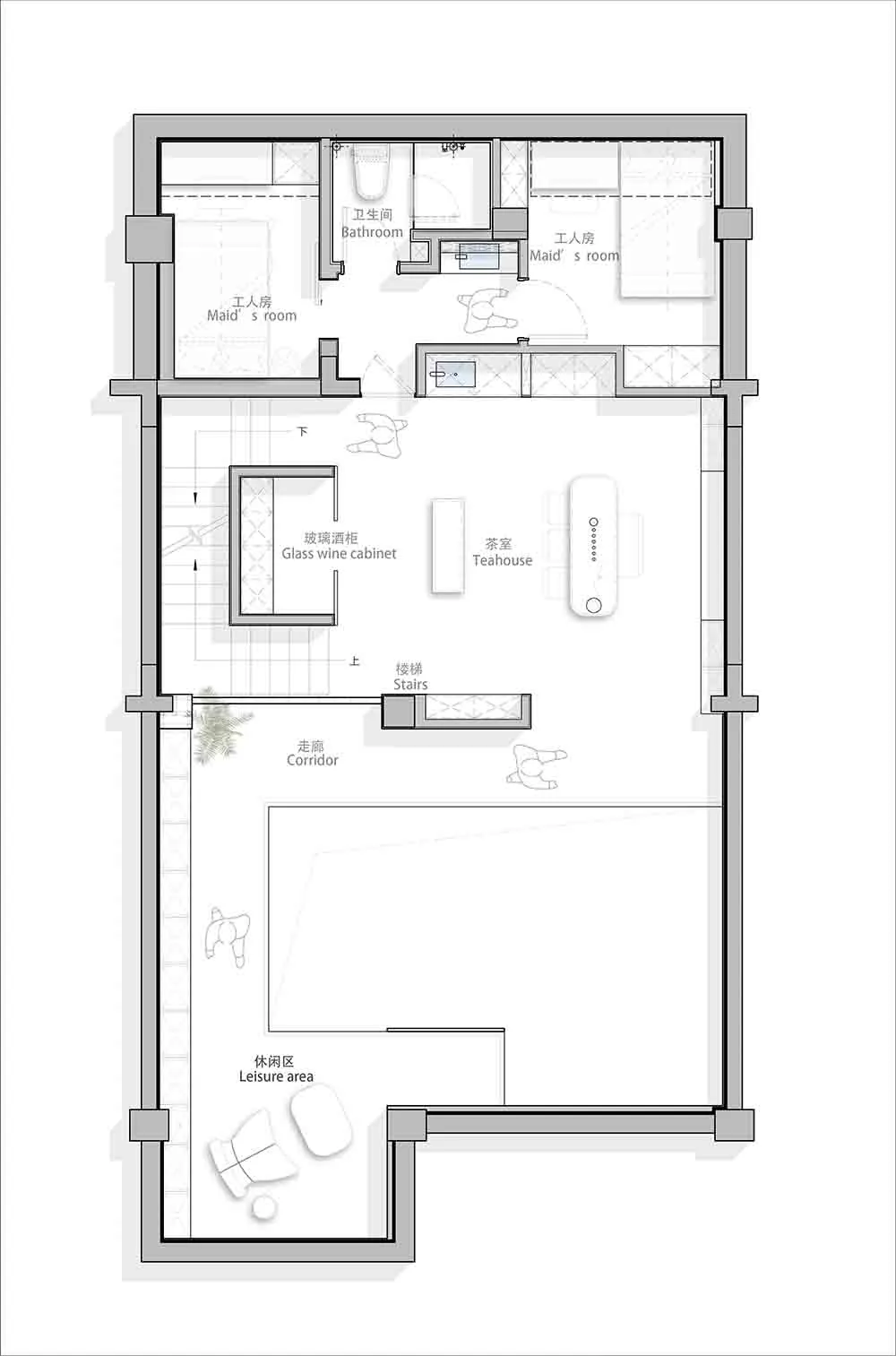 Modern residential floor plan showing living areas, bedrooms, bathrooms, and kitchen.