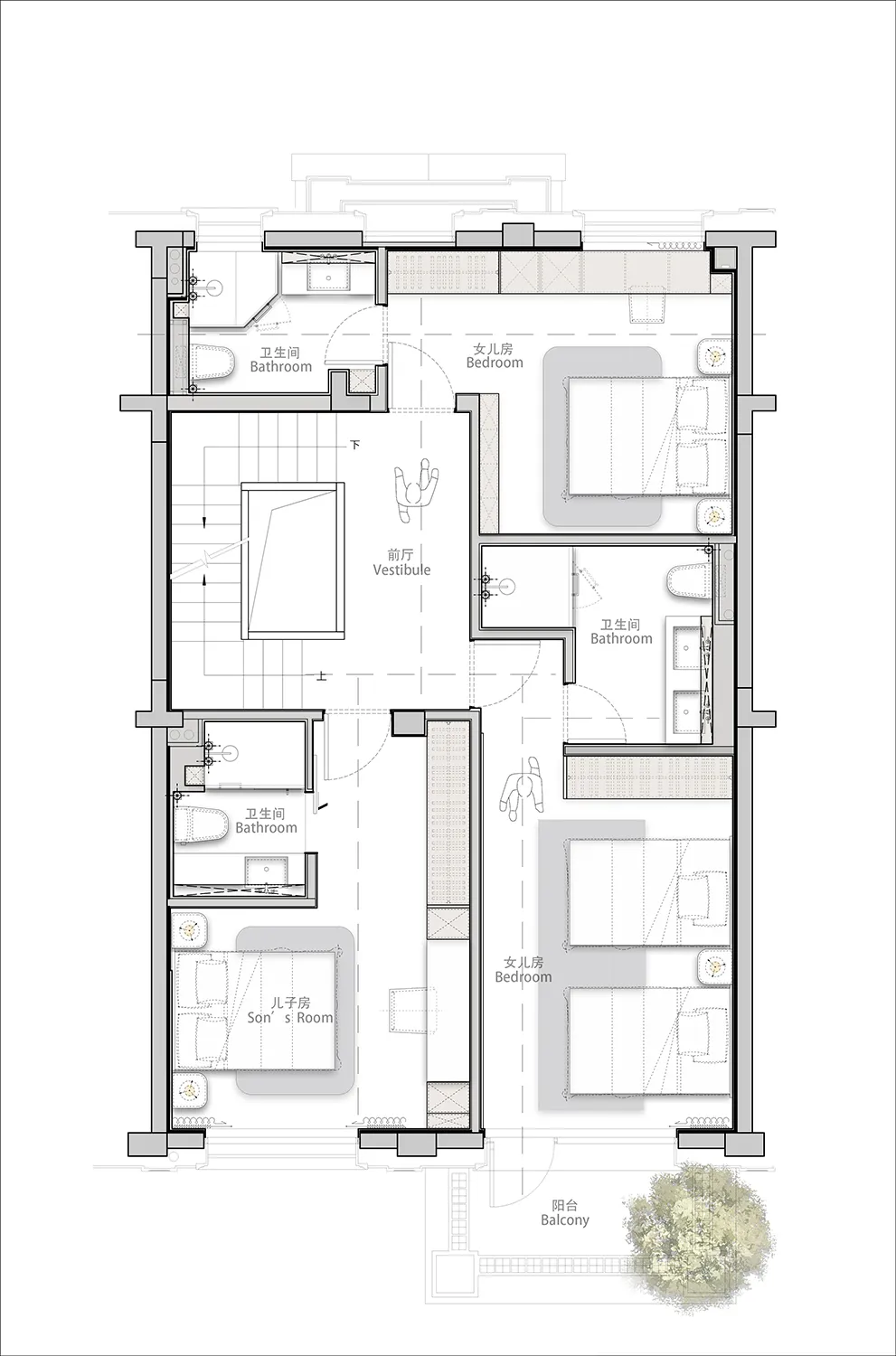 Modern minimalist staircase floor plan with white walls and grey stairs.
