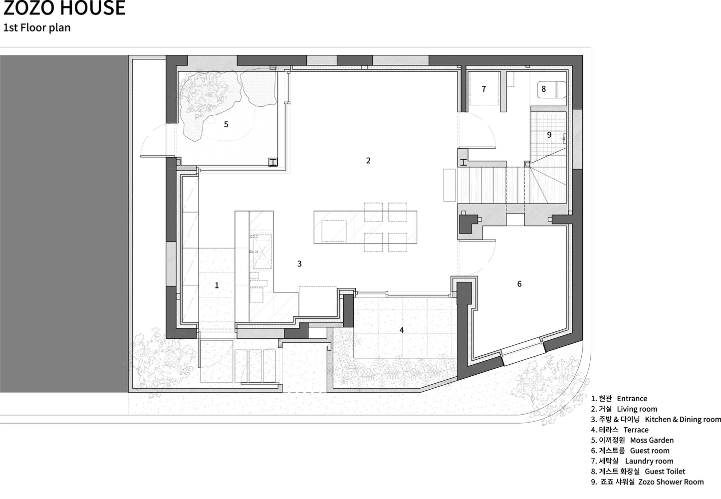 現代平面圖展示混凝土室內設計,包含客廳、廚房與餐廳區域。