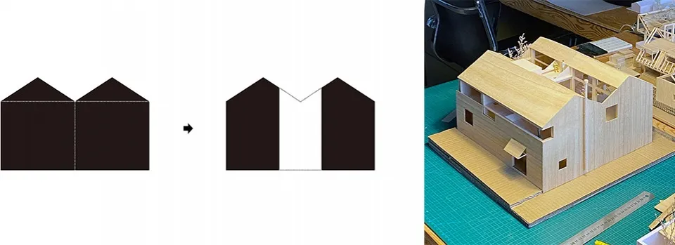 木製房屋建築模型置於綠色砧板上。