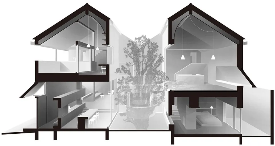 Cutaway view of a modern house interior showcasing glass materials for design purposes