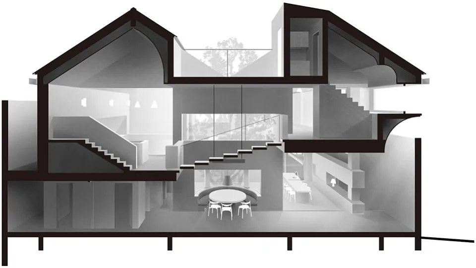 An illustration showcasing a contemporary interior design with glass and steel elements.