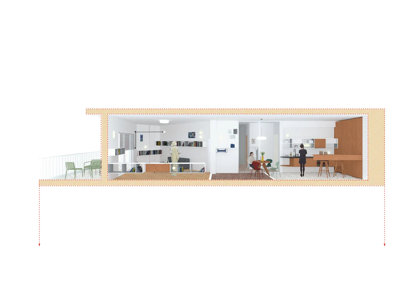 A modern residential interior concept with a clean, open layout and contemporary furniture.