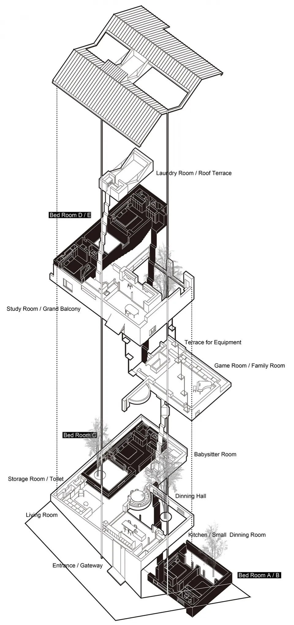 Cross-sectional architectural drawing of a house revealing detailed room layouts.