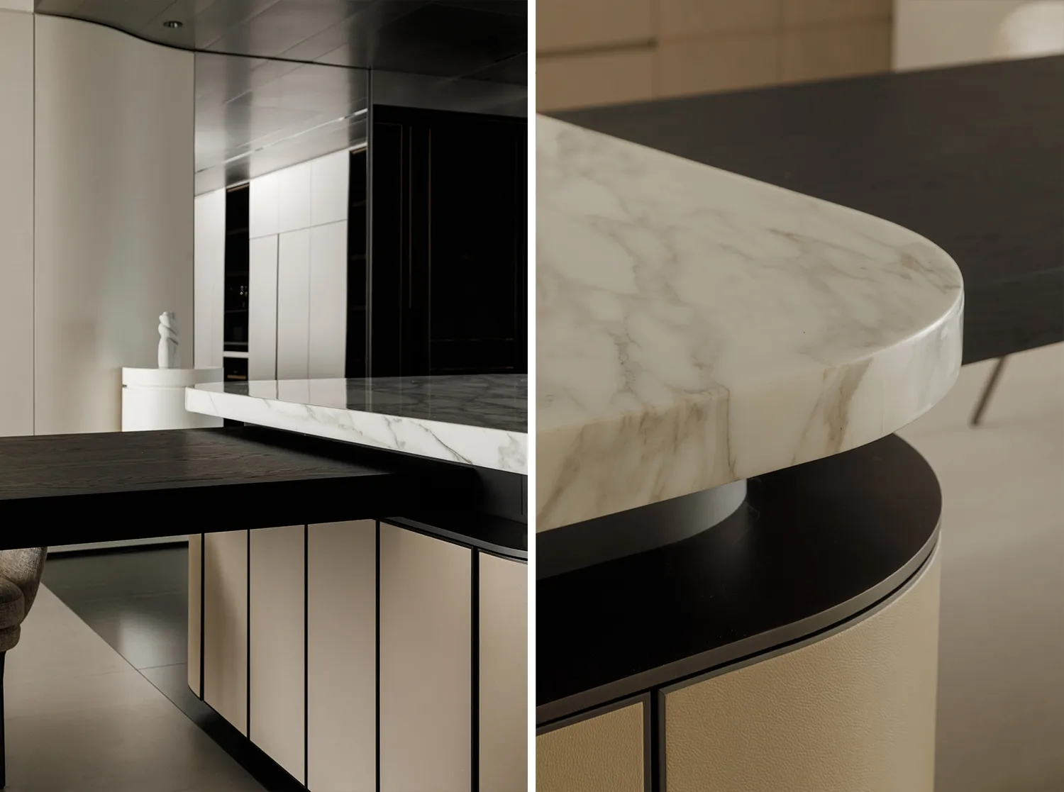 Modern kitchen featuring marble countertops and black table with white chairs.