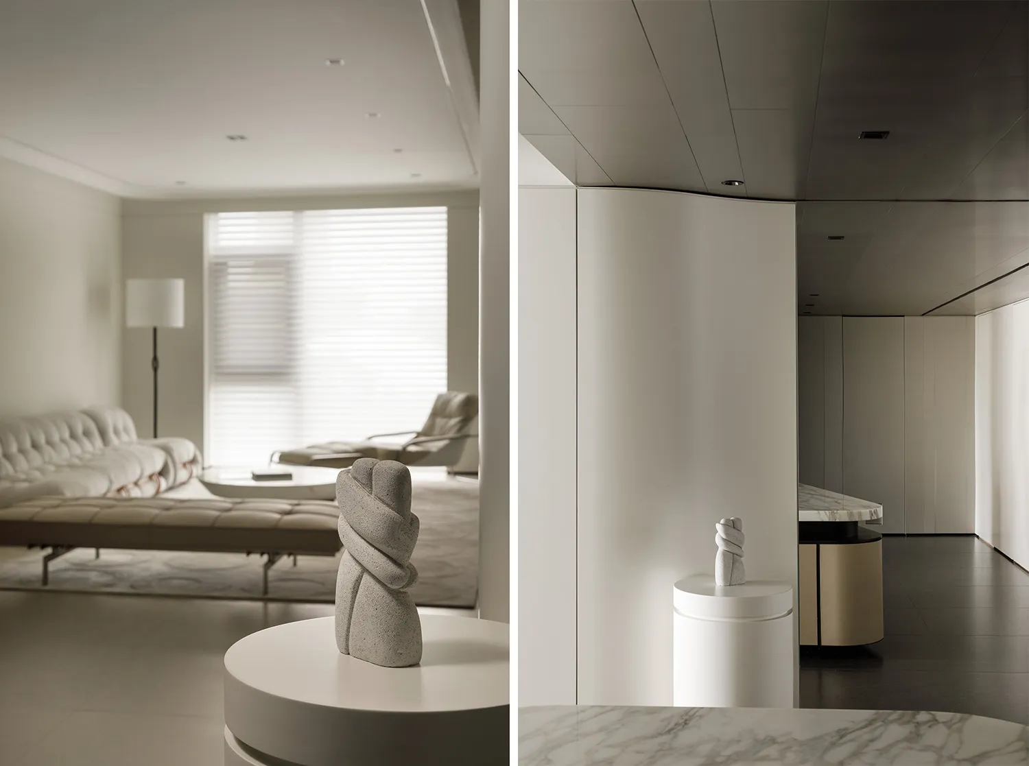 Modern living room with marble and concrete finishes, featuring sleek furniture and minimalist design.