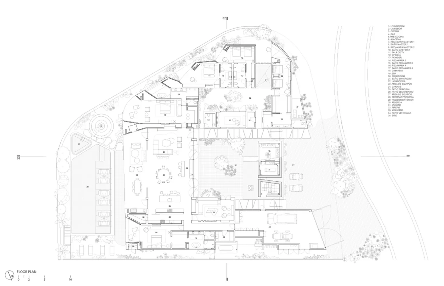 現代住宅空間的平面圖，採用玻璃與混凝土材質