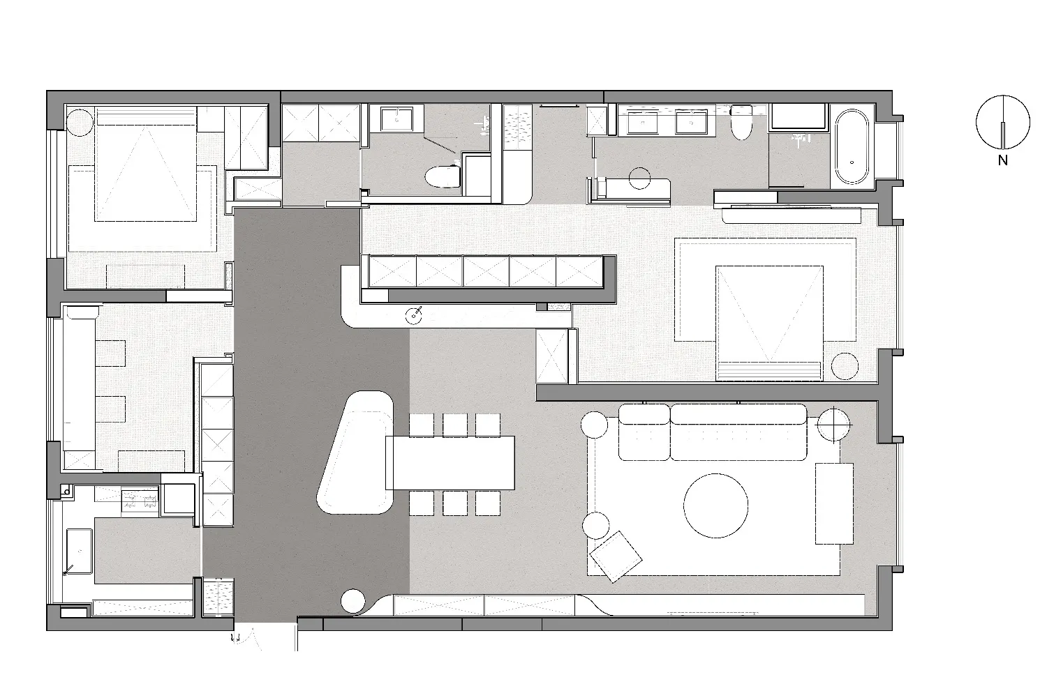 A modern residential floor plan showing a contemporary layout with open-concept living spaces, bedrooms, bathrooms, and kitch