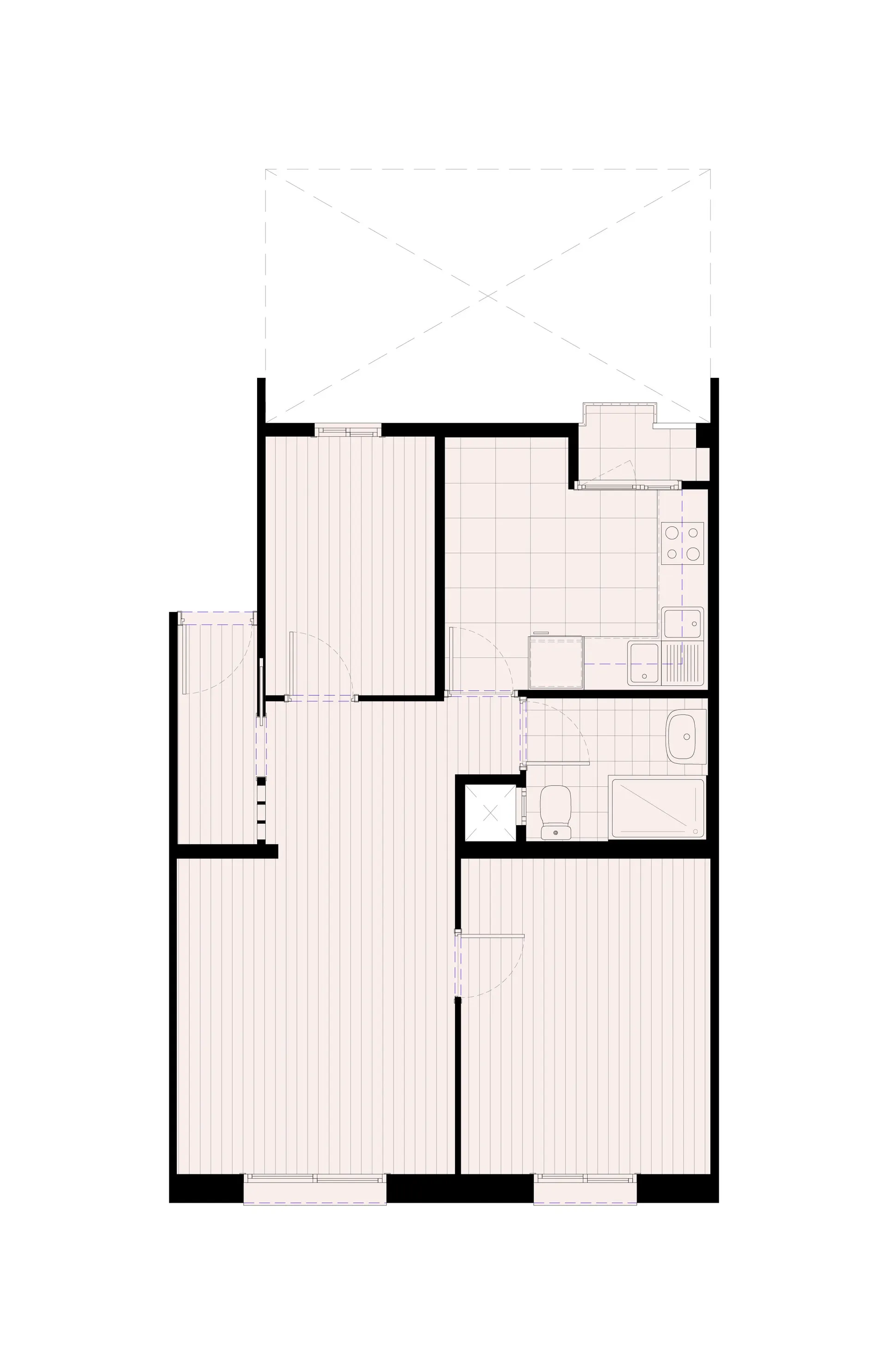 A minimalist floor plan on paper showing a residential layout with a living area, kitchen, and bathroom.