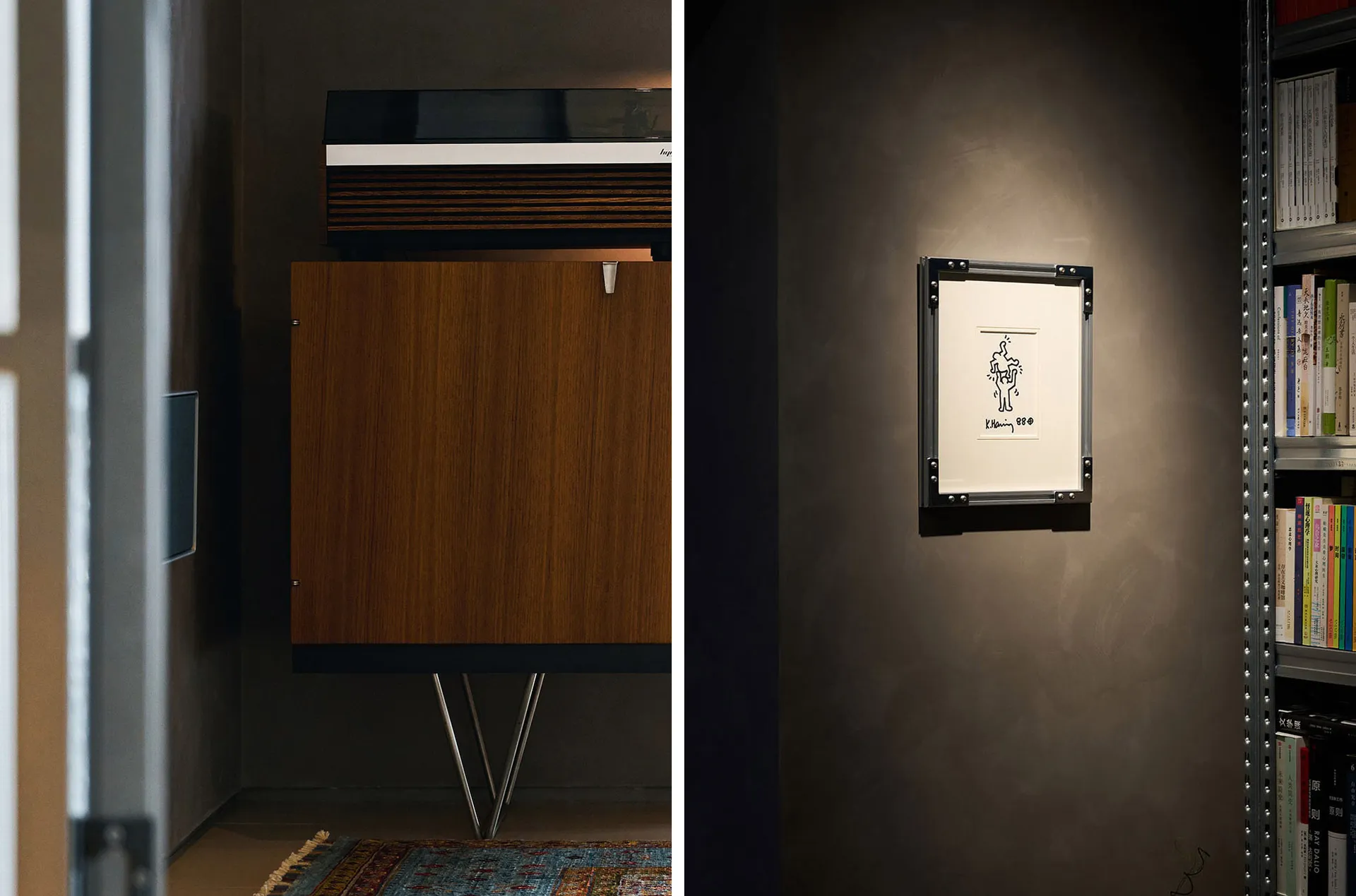 A wooden-framed artwork hanging on a wall, showcasing a minimalist design.