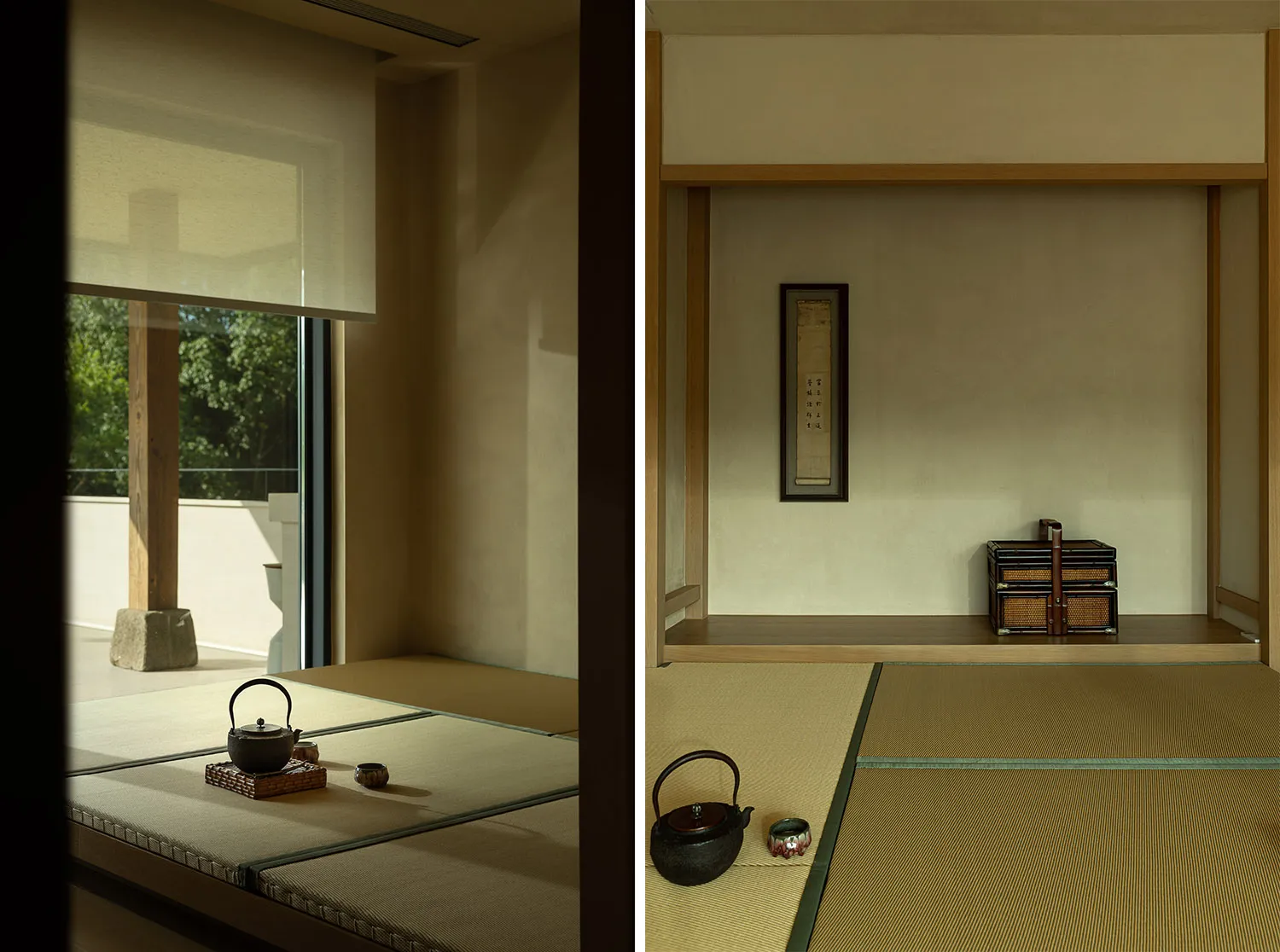 A minimalist tea room with tatami mats and traditional Japanese elements.