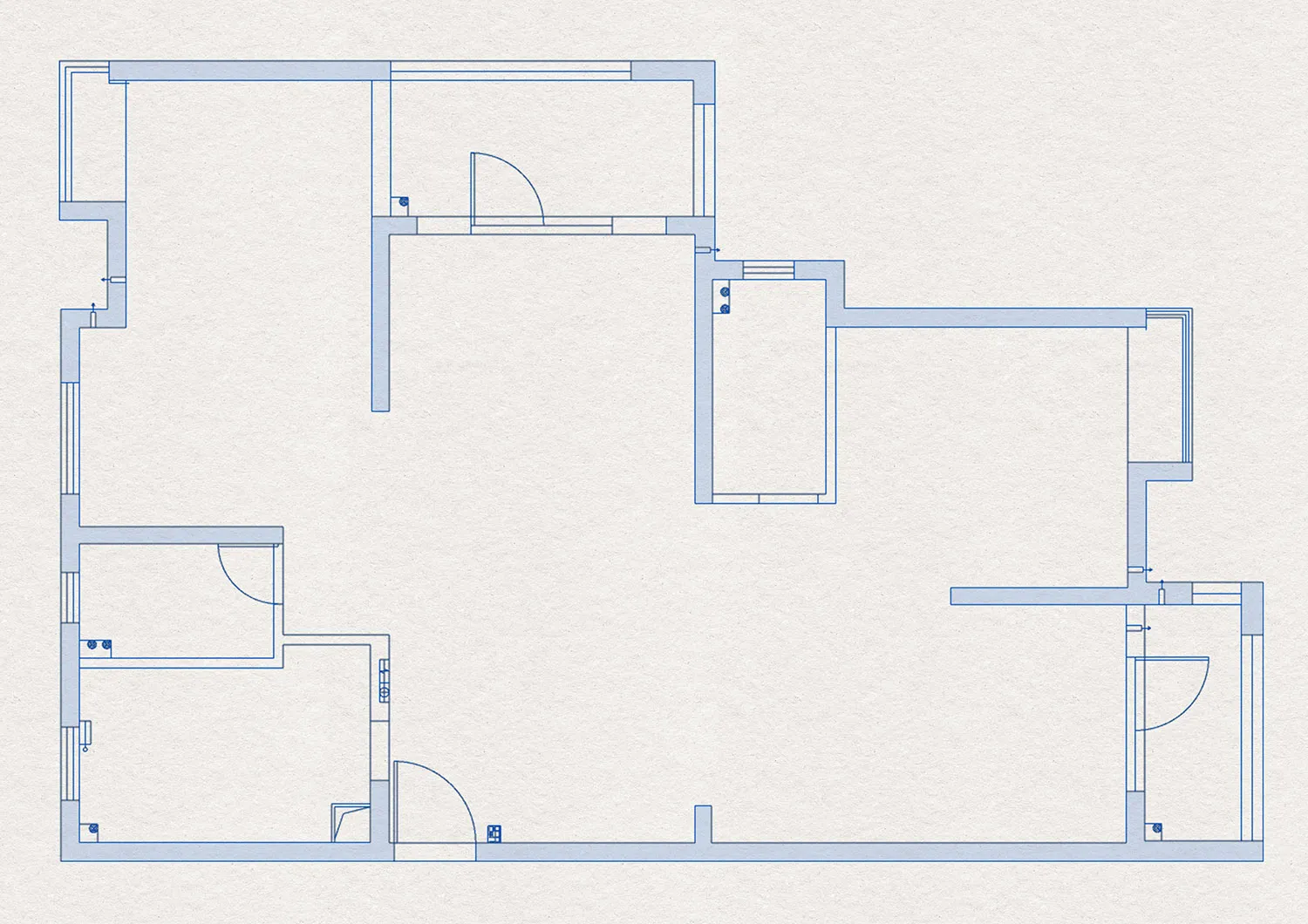 A blueprint-style architectural floor plan of a modern apartment.
