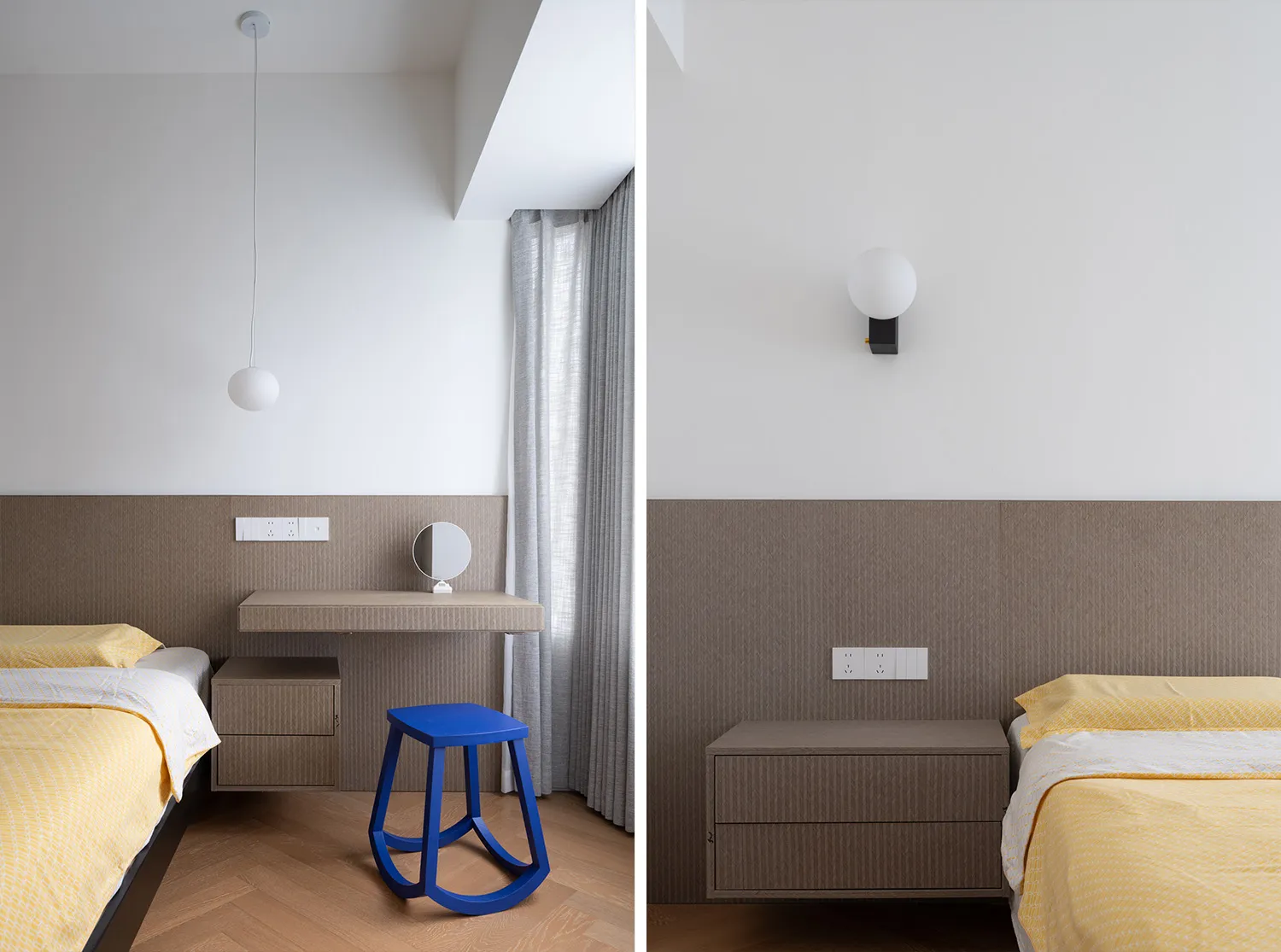 A modern bedroom with brown and neutral tones featuring a floating desk, blue stool, and yellow bedding.