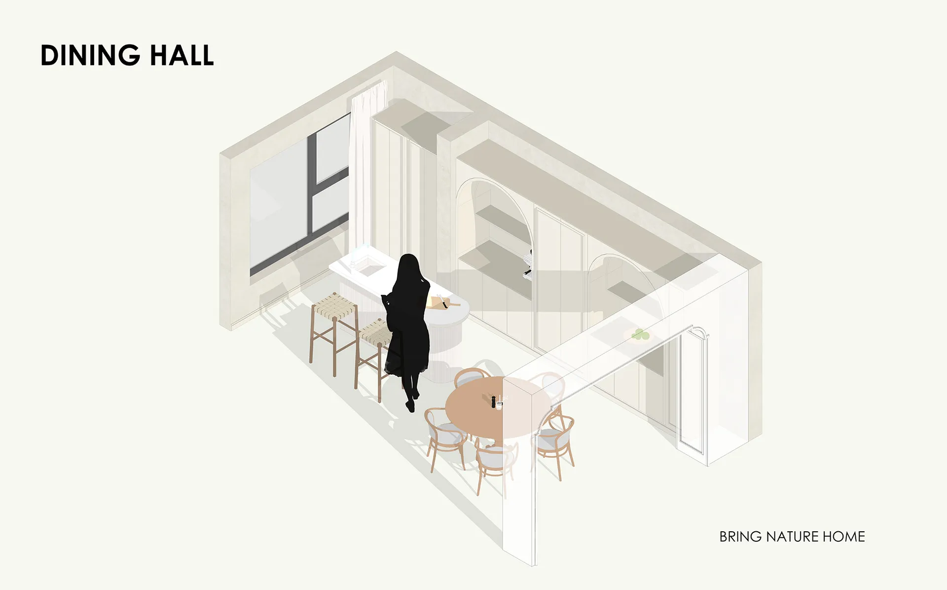 A modern dining room with minimalist design and white color scheme.