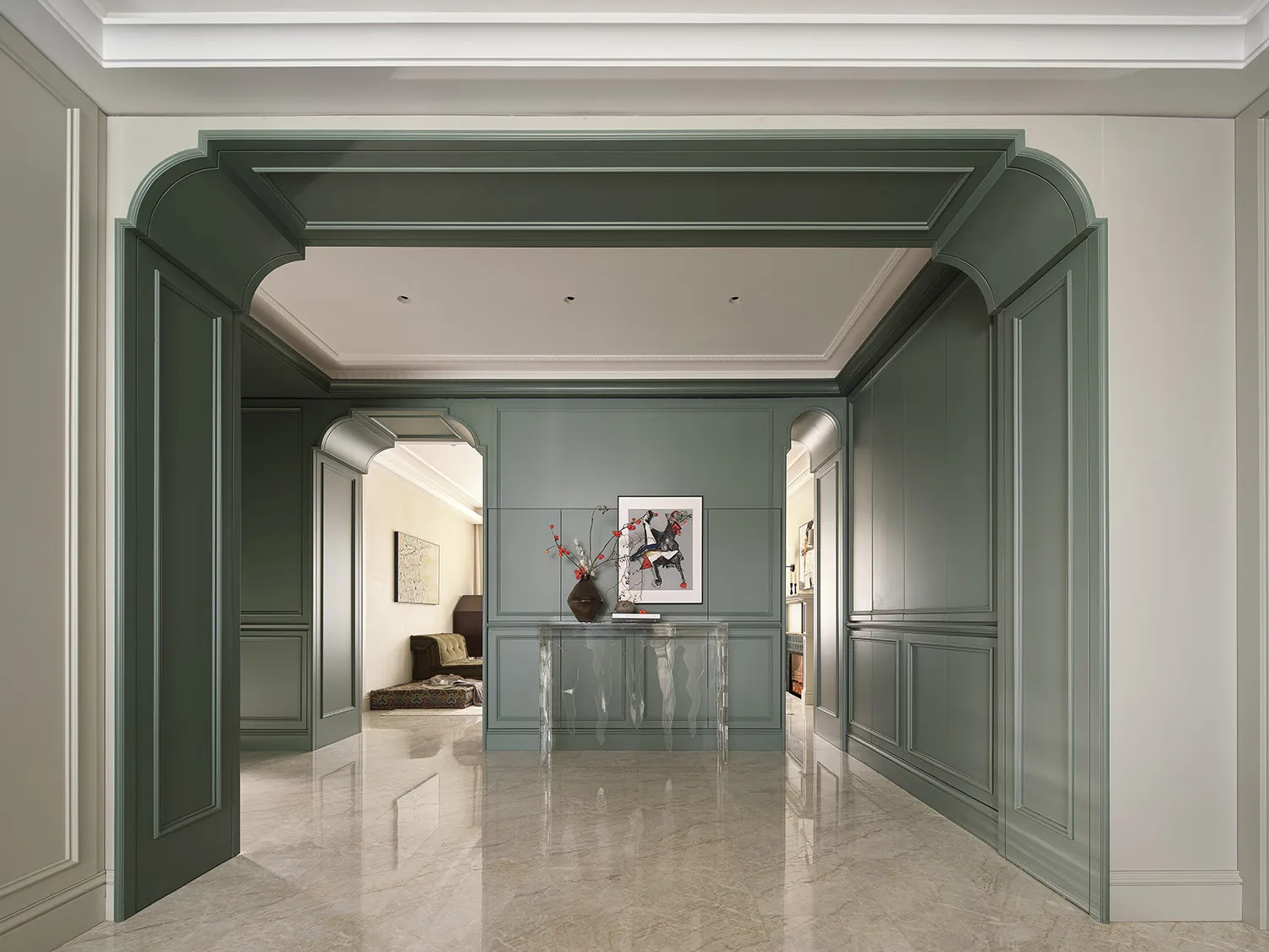 Modern living room interior with marble flooring, showcasing minimalist design elements.