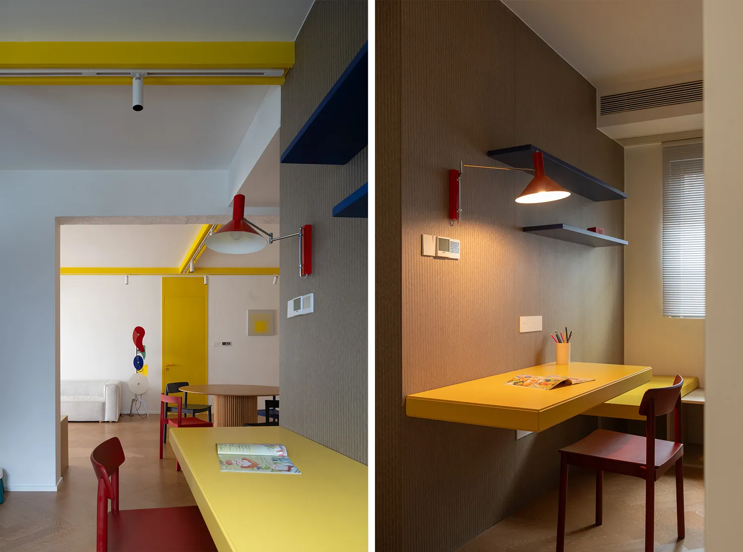 A modern playroom with vibrant yellow furniture and functional design elements.