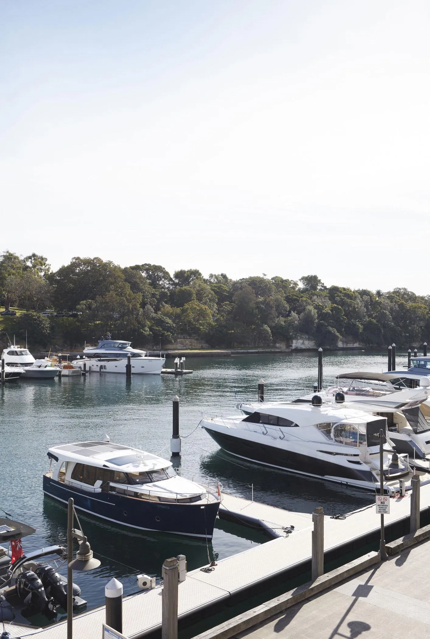 Several marine yachts docked at a serene port area with a backdrop of lush greenery under a clear sky.