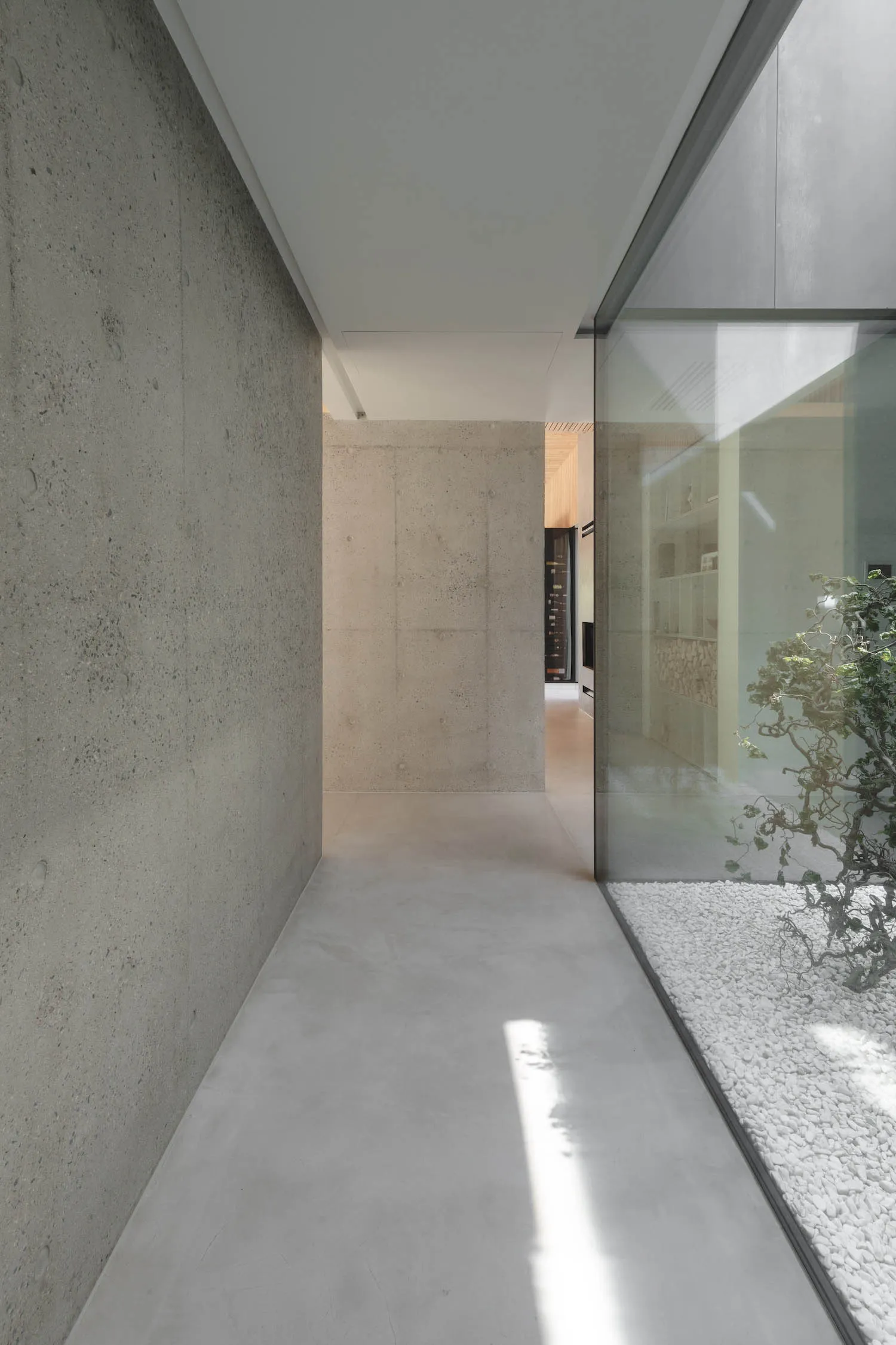 Concrete entrance hall with glass wall and rock garden.