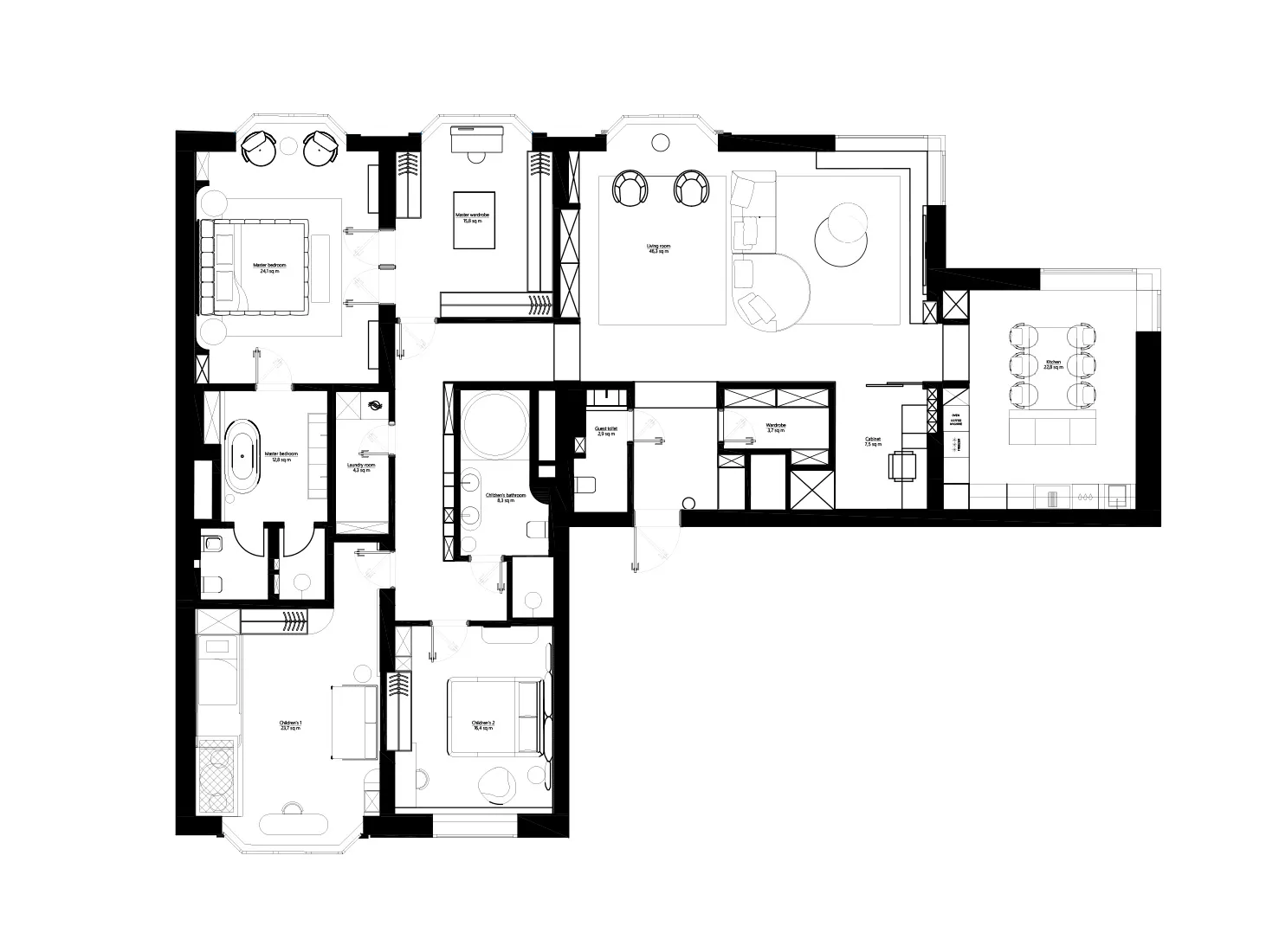 Black-and-white drawing of a modern residential floor plan with multiple rooms and areas.