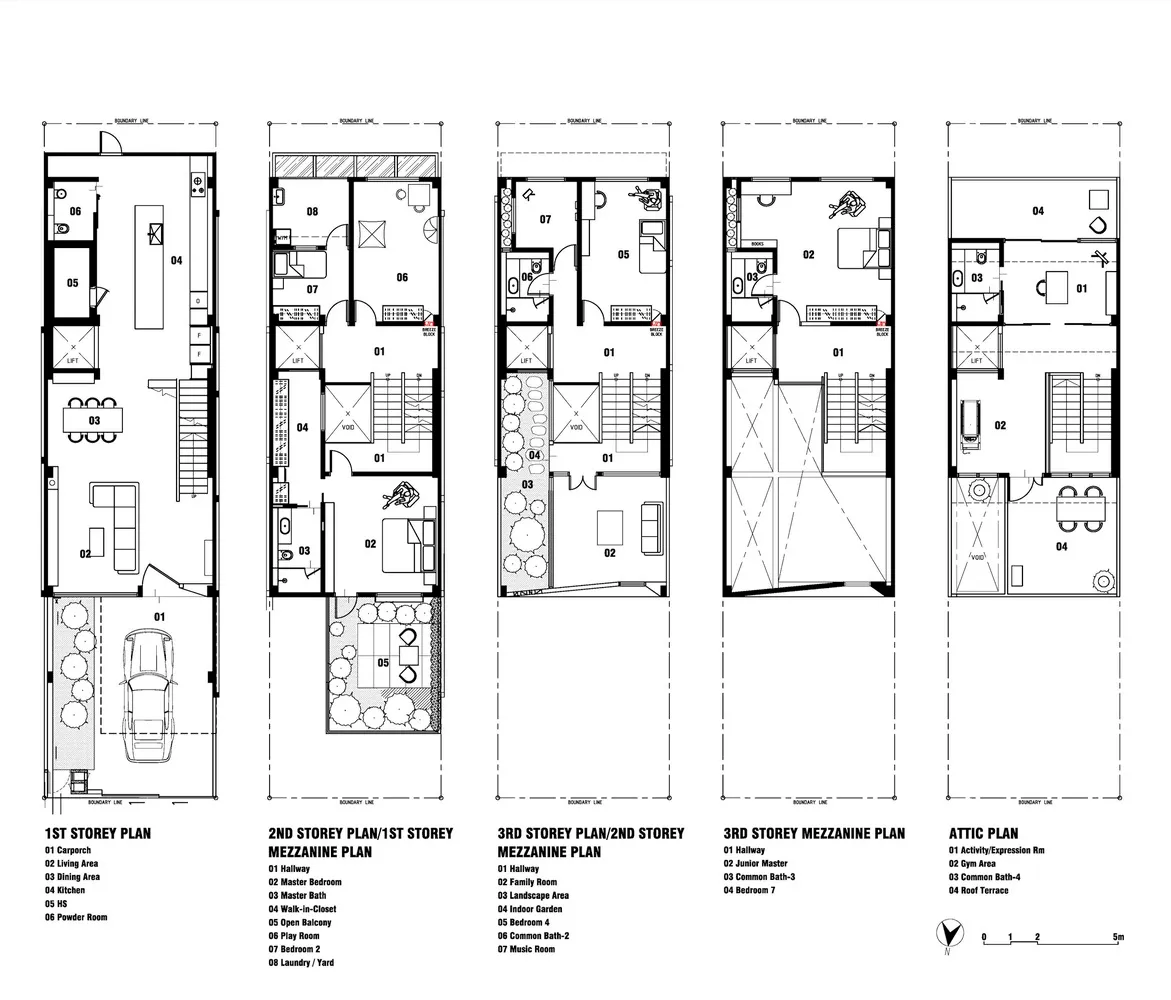 Detailed architectural blueprint of a residential house showing various rooms and their layouts across multiple levels.