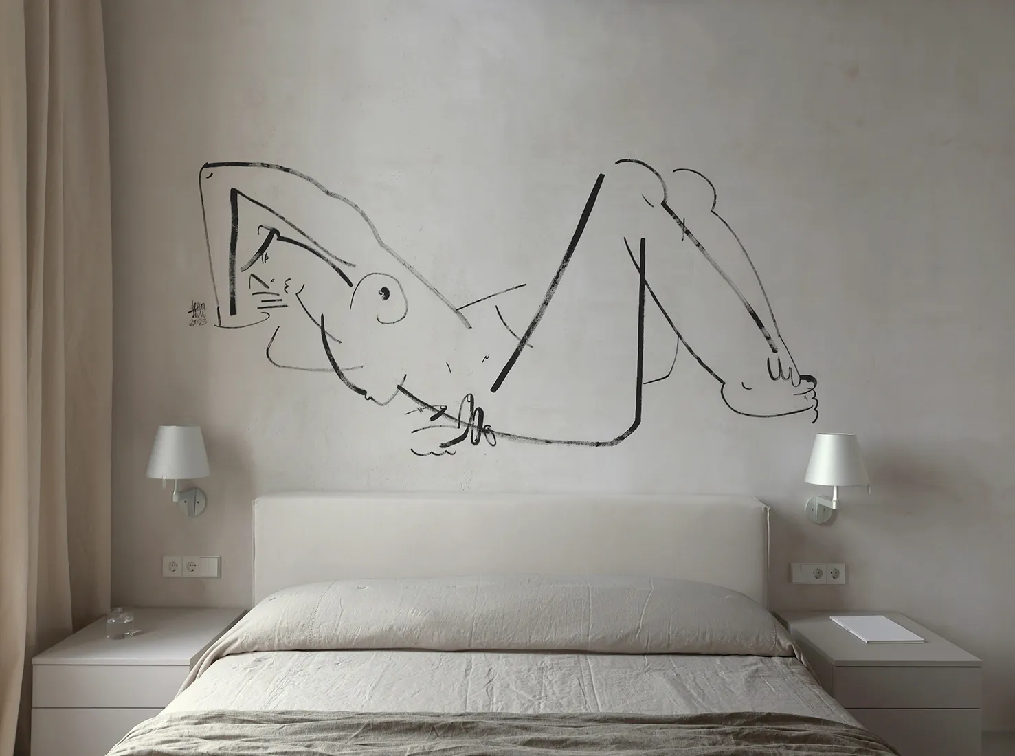 A minimalist bedroom featuring a bed with a white headboard and linens, a wall drawing of a reclining figure, and bedside lam