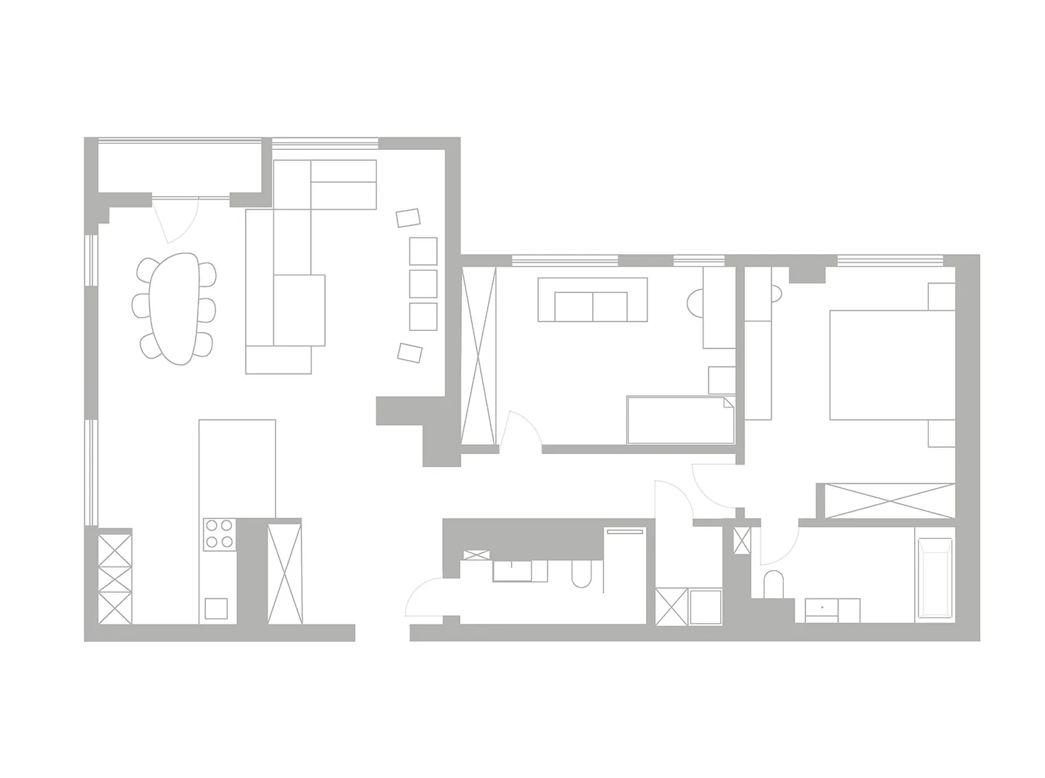 Illustration of a modern apartment layout with kitchen, living room, bedrooms, and bathrooms.