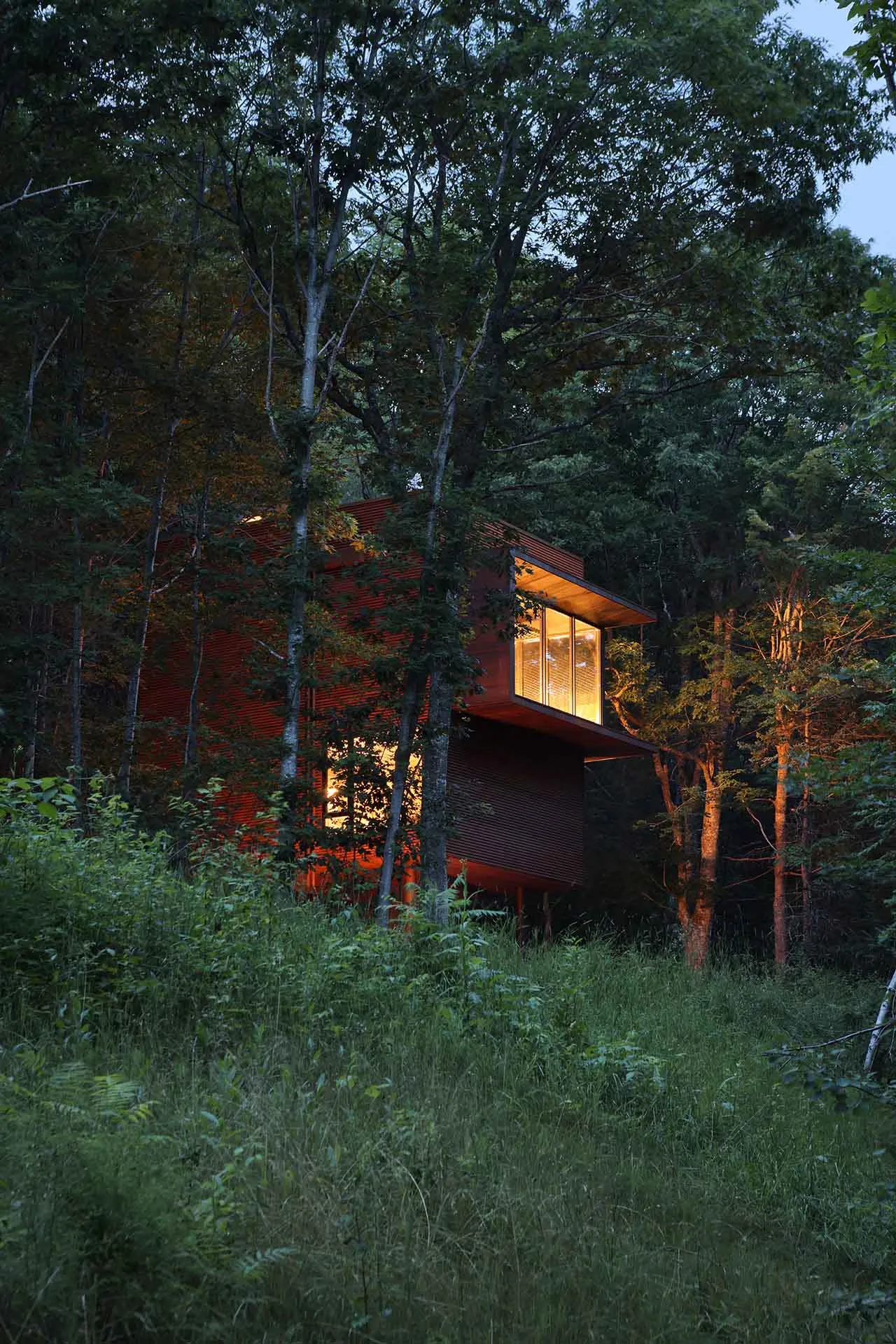 A modern wooden house nestled in a forested area with warm interior lights visible through large windows.