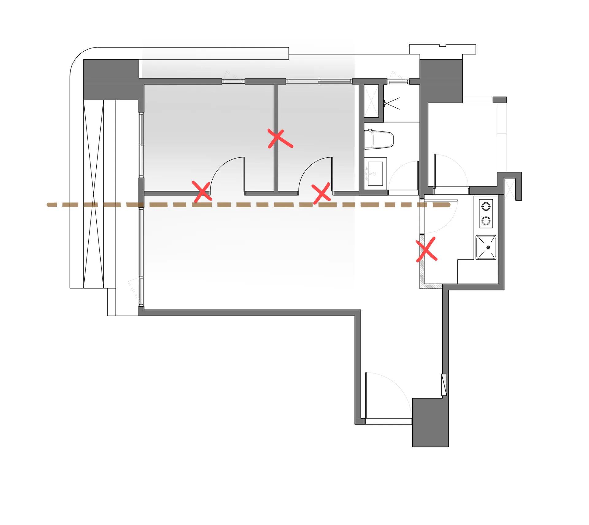 Floor plan of a residential building with marked points representing the areas.