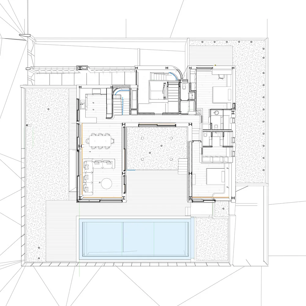 Floor plan of a modern residential building with a mix of wood, concrete, and glass materials.