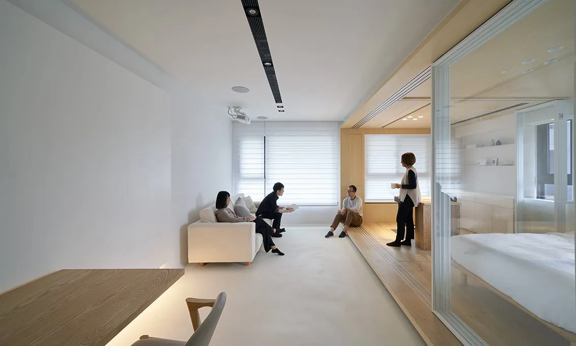 Modern residential interior with concrete and wood elements