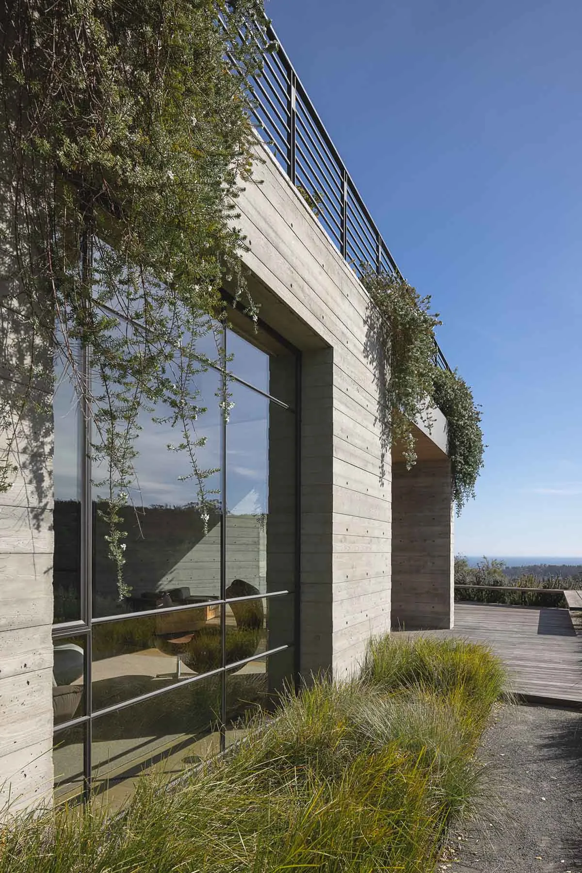 A modern house with a concrete exterior and large windows, surrounded by greenery and a clear blue sky.