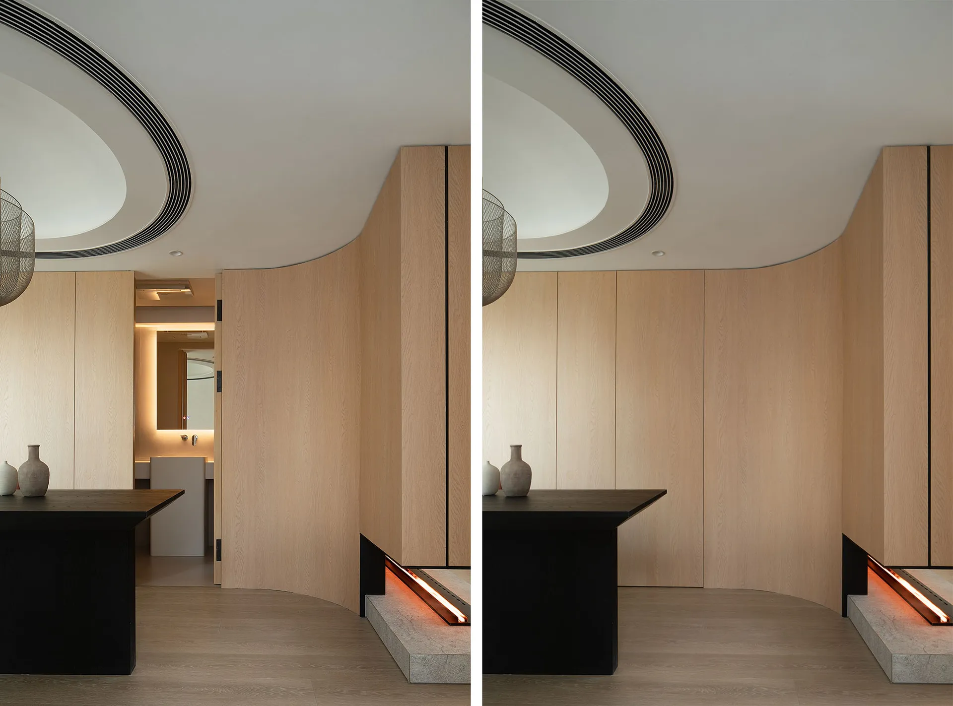 A modern residential interior featuring wooden materials.