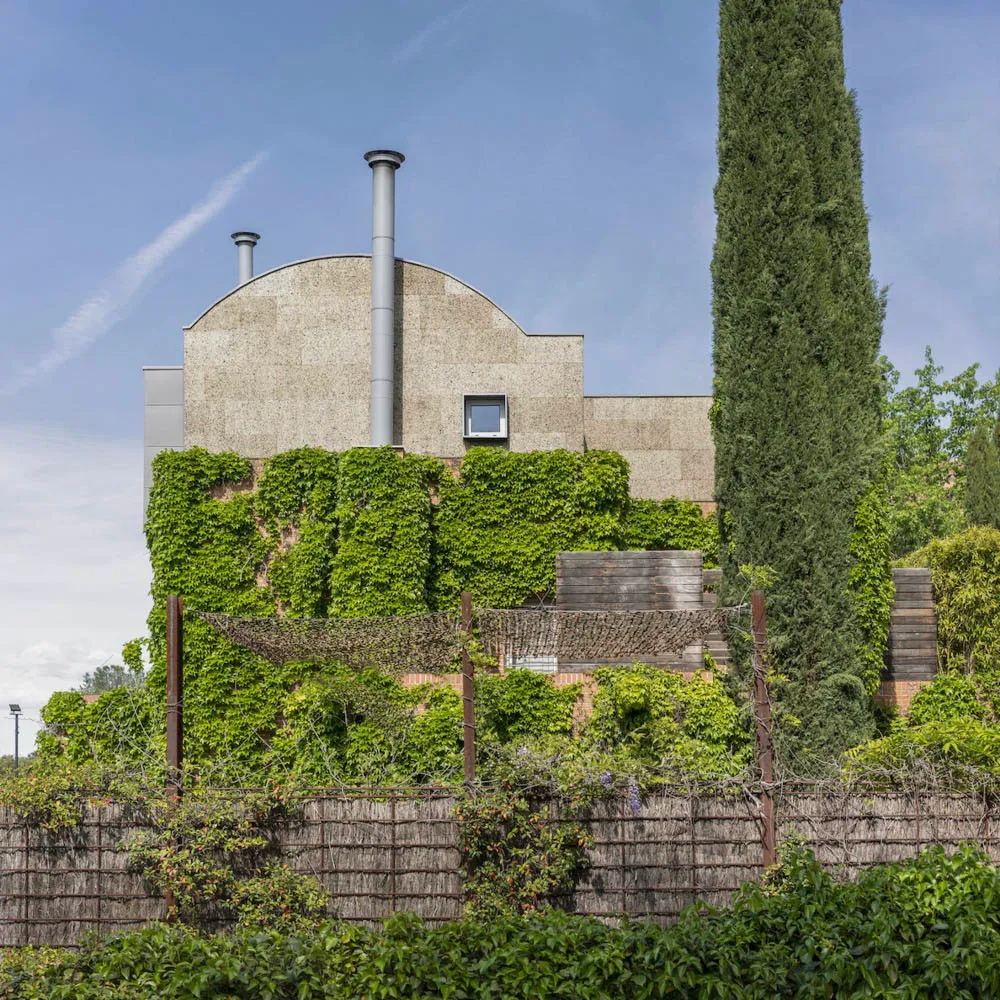 A modern building exterior with concrete walls and green foliage on the sides.