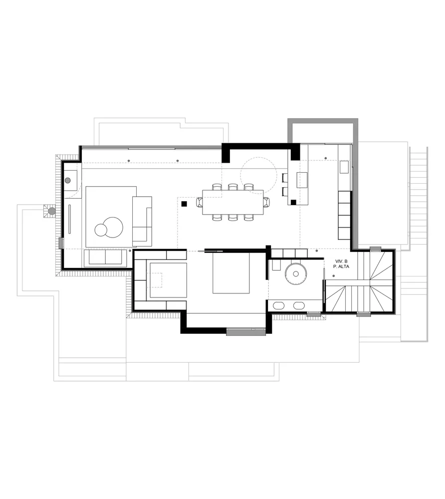 Floor plan of a modern residential apartment with minimalist design features.