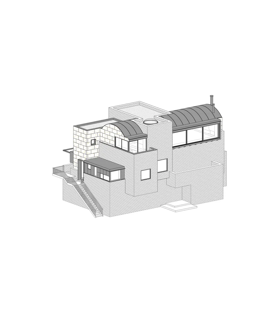 A detailed technical blueprint of a modern residential architecture featuring brick materials.