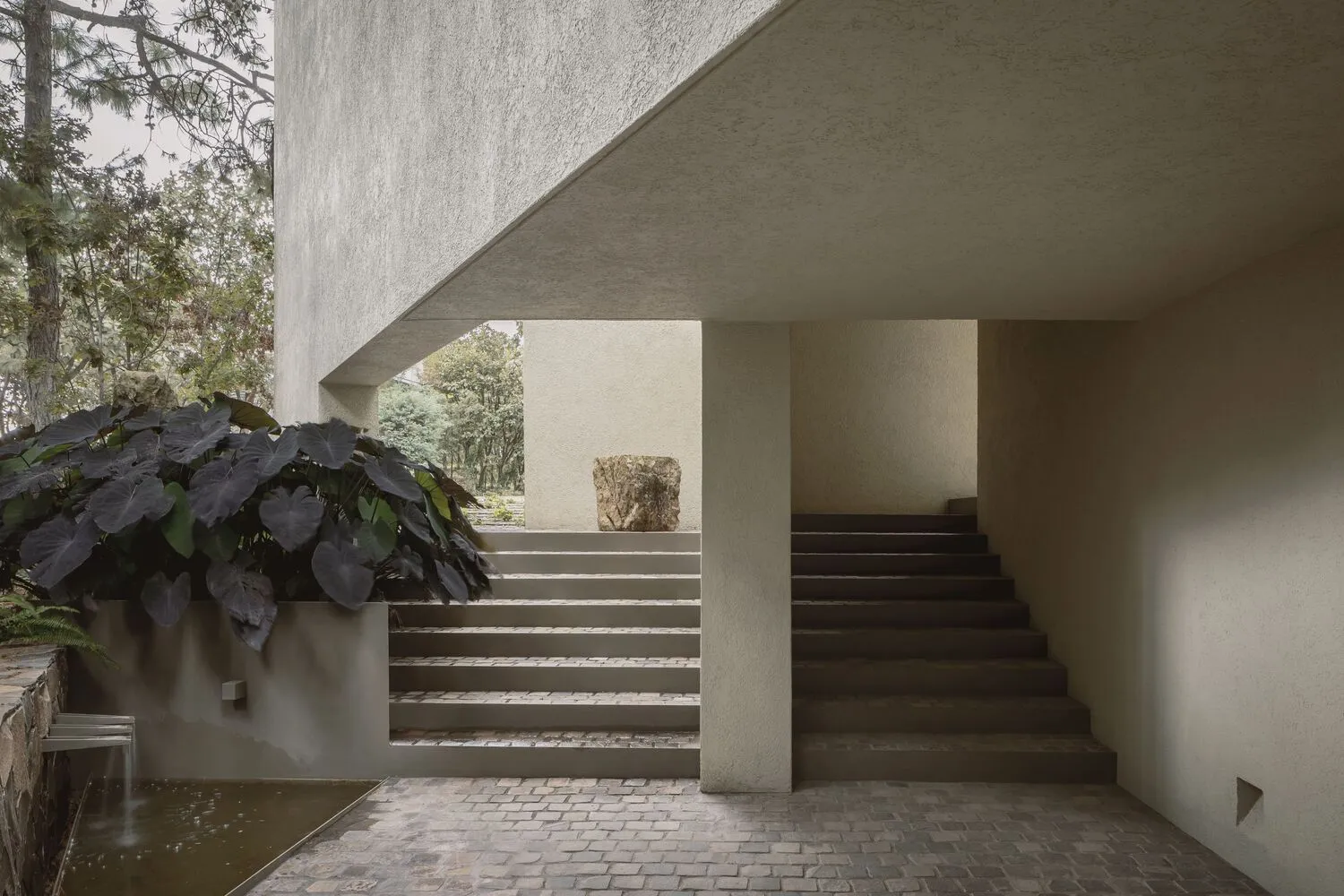 Modern interior design featuring a concrete staircase and minimalist decor.