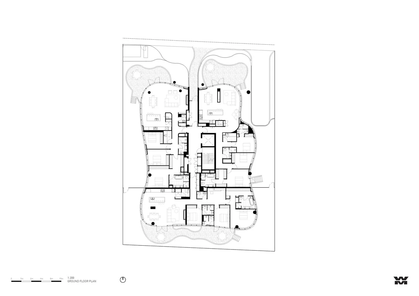 現代商業建築的建築藍圖平面配置圖。