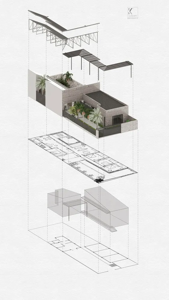 一張以混凝土材質呈現的現代室內空間渲染圖。