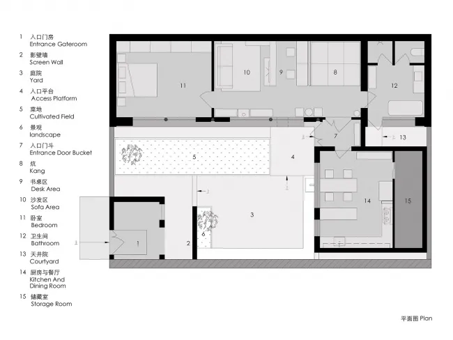 Minimalist residential floor plan featuring spaces like entrance gate, courtyard, living room, kitchen, and bedroom.