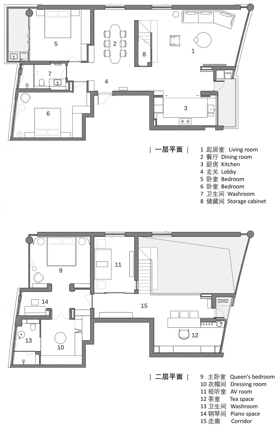 Floor plan of a modern apartment with living room, dining room, kitchen, two bedrooms, and other living spaces.