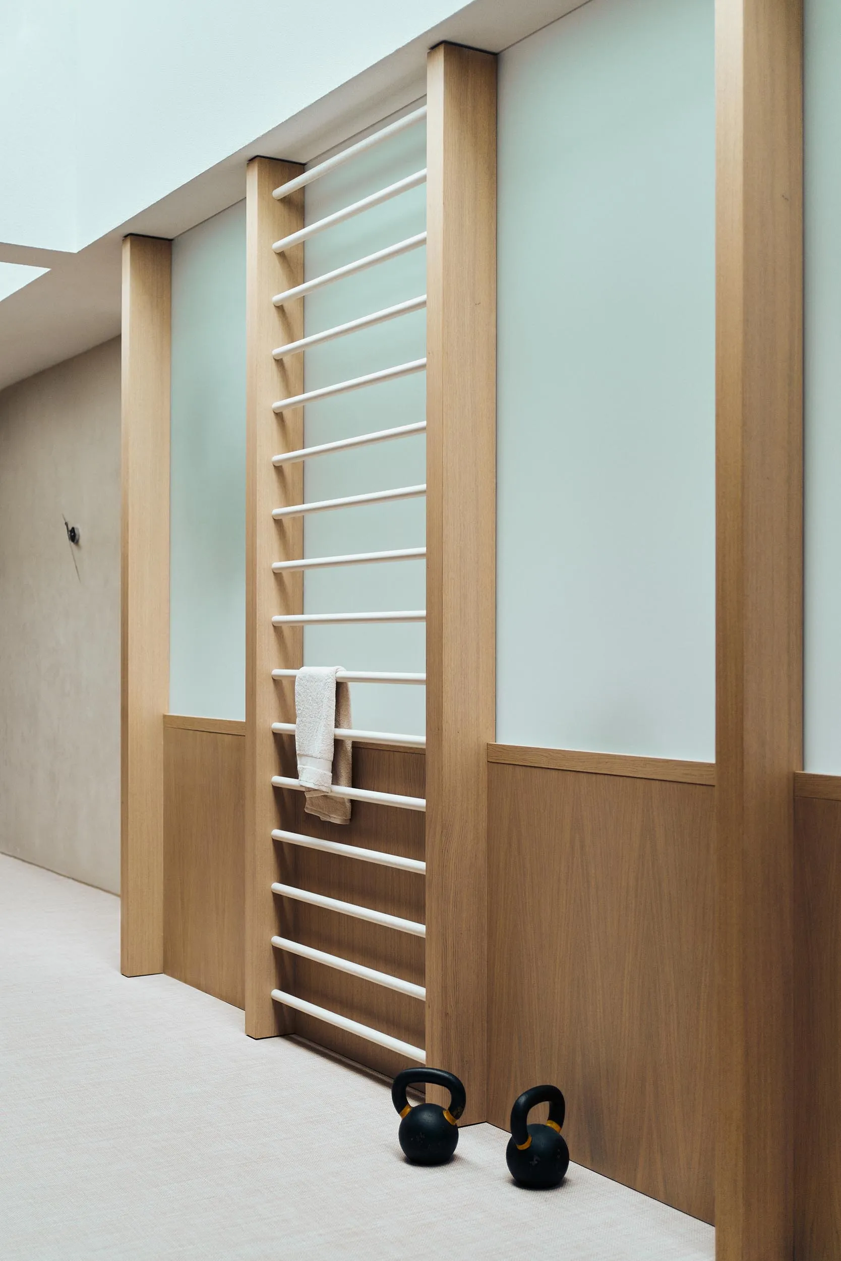 A modern home gym featuring wooden walls and a metal bar