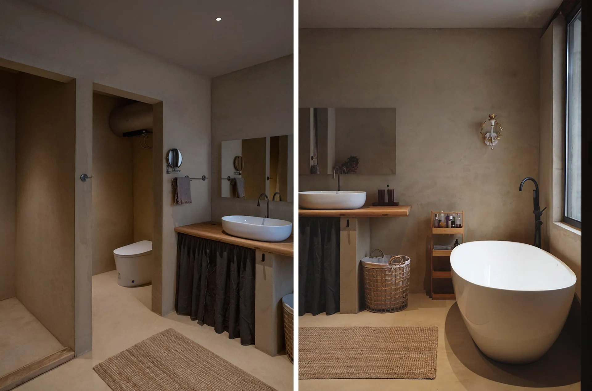 Minimalist bathroom featuring a concrete floor, walls, and counter, with a white sink and bathtub, and a window.