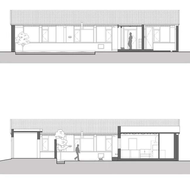 Floor plan of a modern residential house with concrete and glass exterior.