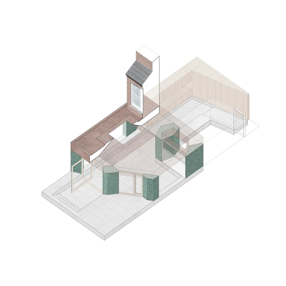 A modern interior design featuring exposed concrete walls and floors.