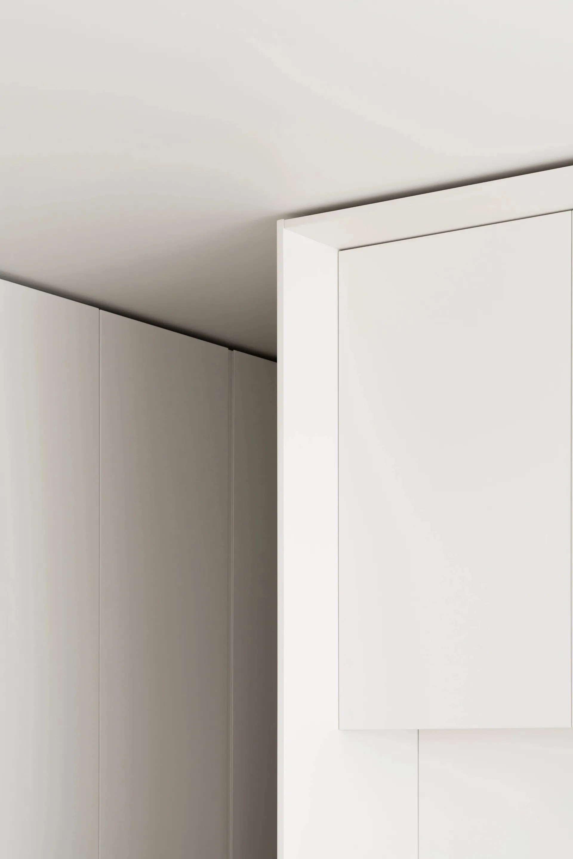 Modern minimalist white interior with paneling.