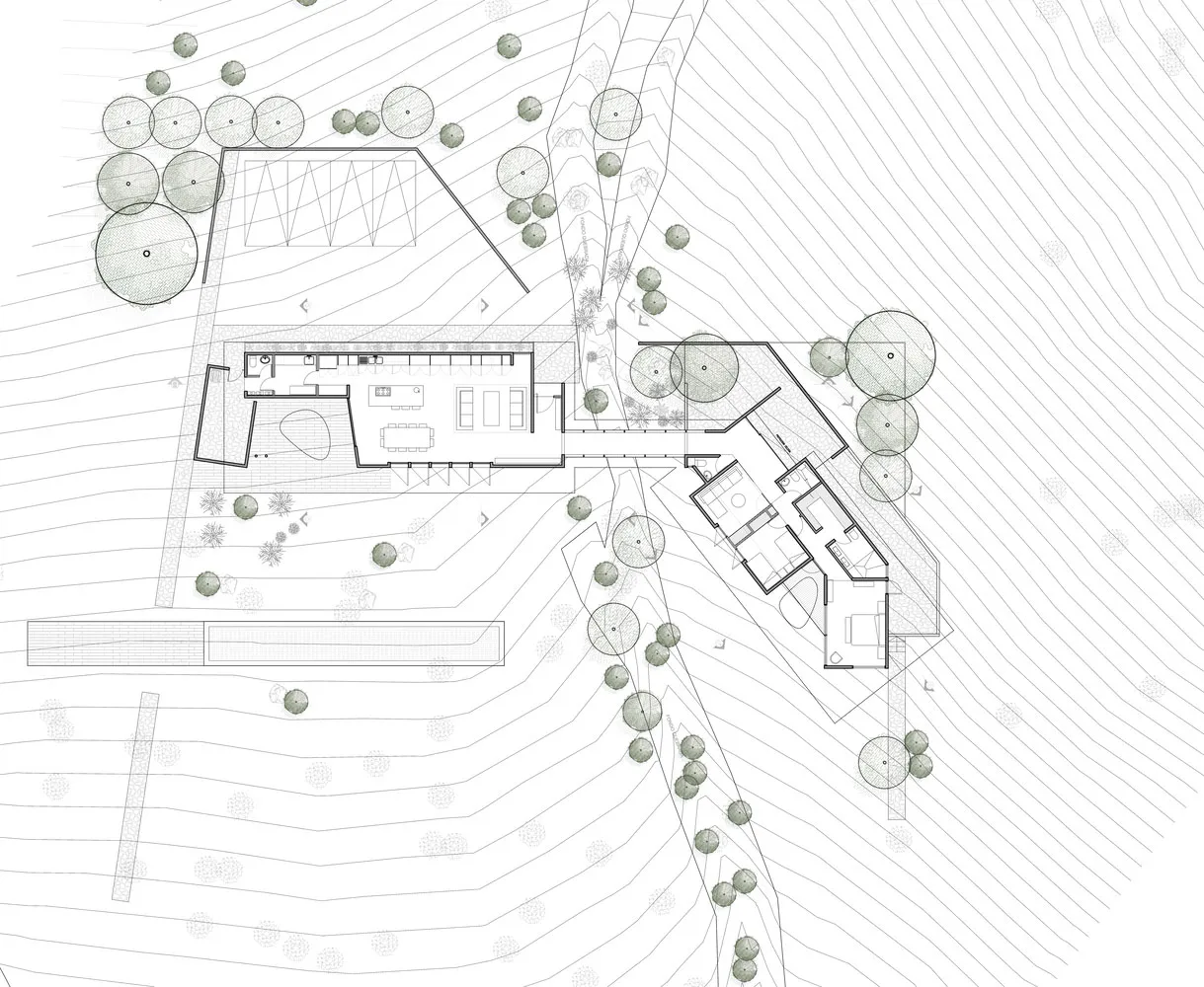 A detailed architectural floor plan of a house showing indoor and outdoor spaces.