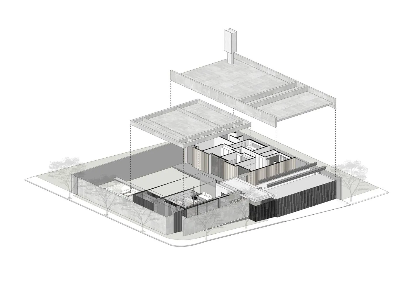 Minimalist house with concrete, glass, and metal materials, detailed floor plan.
