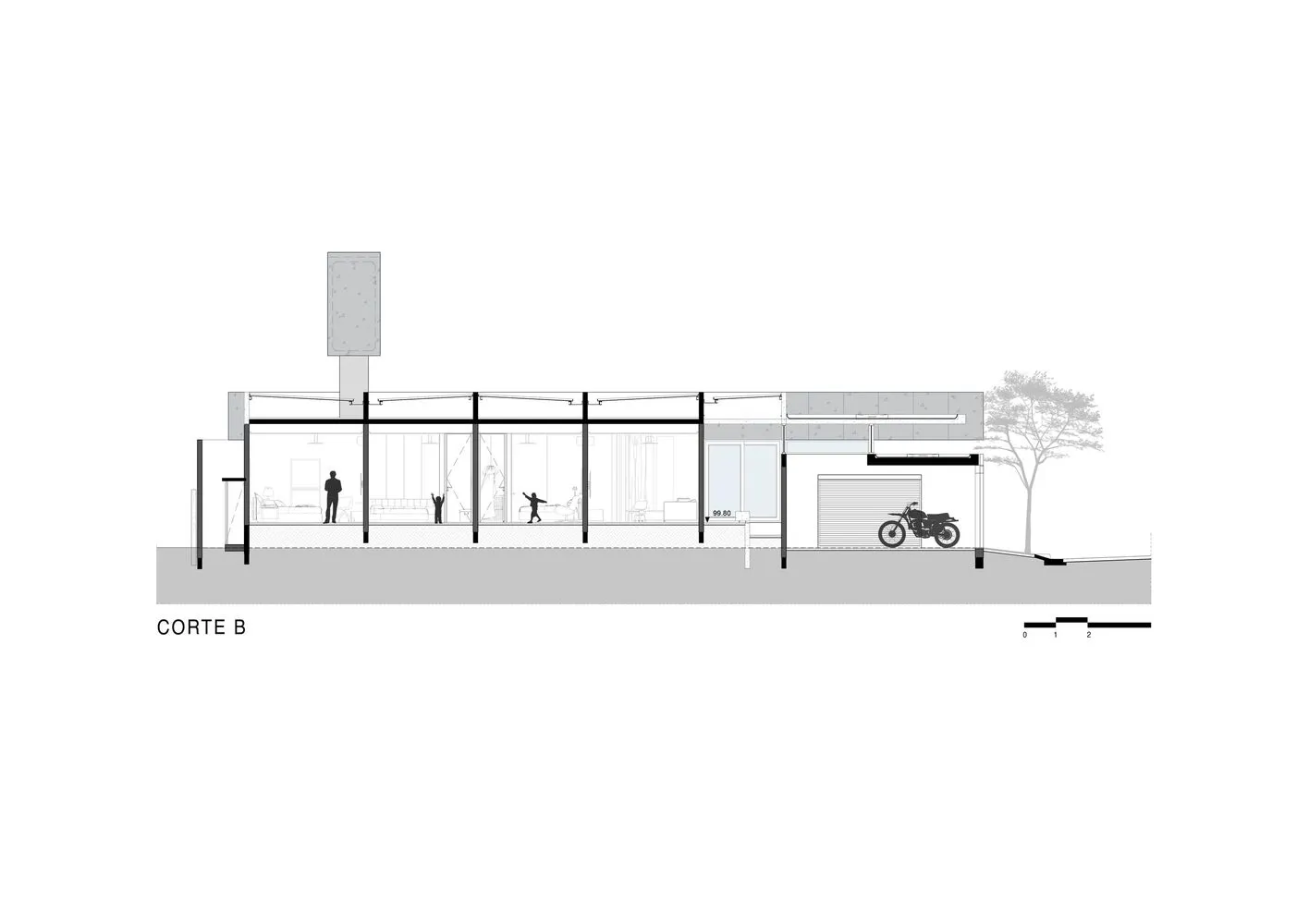 Cross-section of a modern house featuring glass, concrete, and steel elements.
