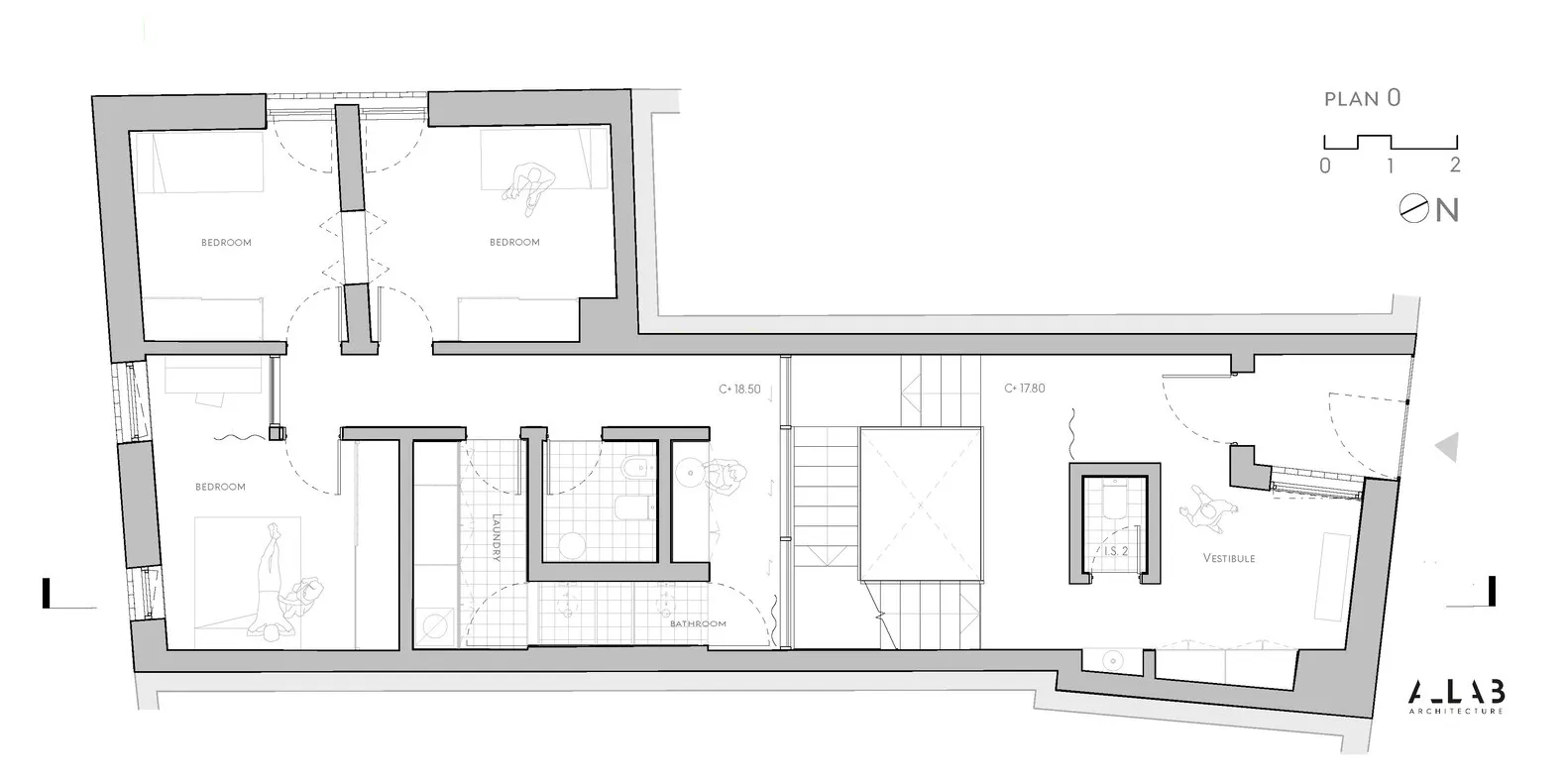 現代臥室套房的詳細建築平面圖,強調混凝土材質。